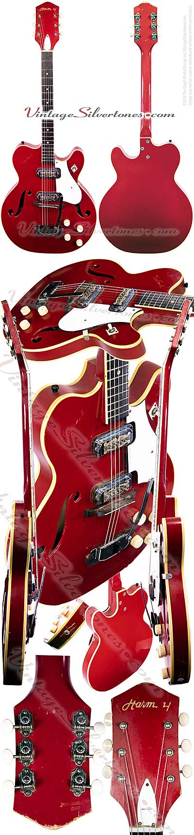 Harmony H73 made by Harmony in Chicago, two pickup, electric guitar, hollow body, manderin red white binding, maple body, made in 1966