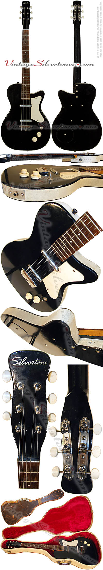 Silvertone 1303 made by Danelectro U2, two pickup, electric guitar, semi-hollow body, black, masonite body, lipstick pickup, made in 1958