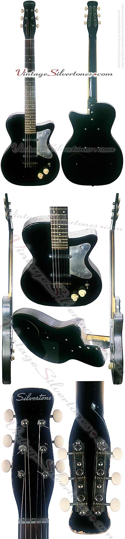 Silvertone 1319 made by Danelectro U2, two pickup, electric guitar, semi-hollow body, black body with silver vinyl binding, masonite body, lipstick pickup, made in 1955