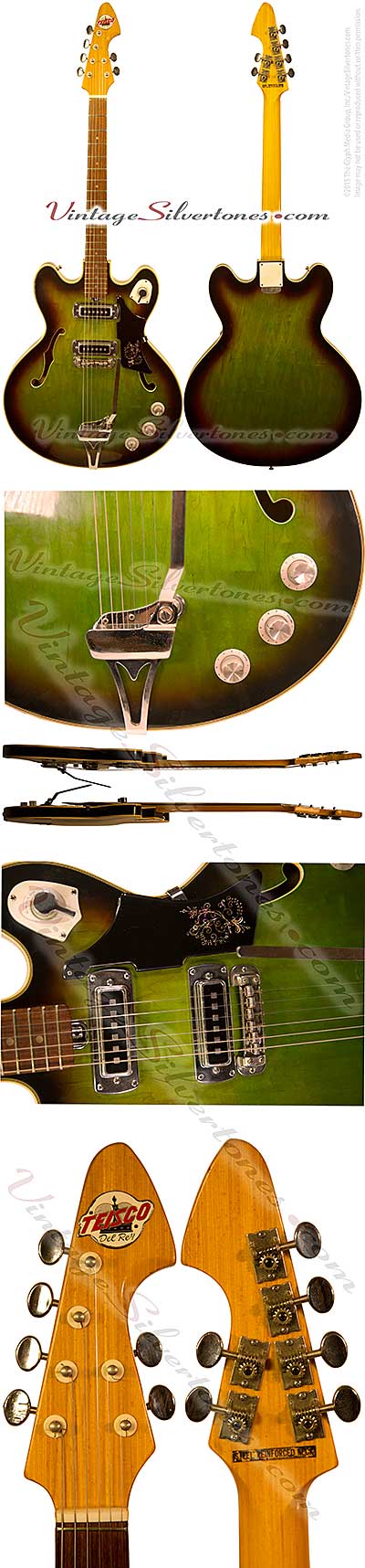 Teisco Del Rey EP-10T hollow body electric guitar 2 pickup, greenburst, double cutaway, made in Japan 1963