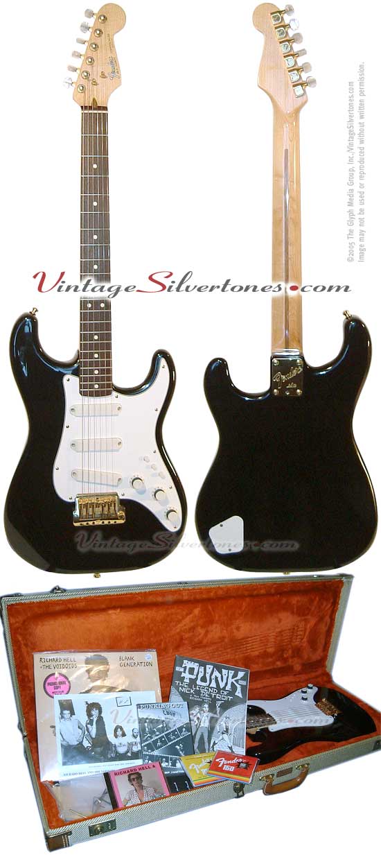 Fender Stratocaster Elite - Robert Quine's 1983 3 pickup black solid body gold hardware including a package of Robert Quine collectables