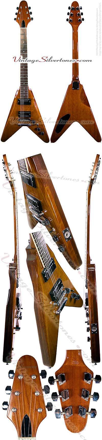 Harmony Flying V made by Harmony in Chicago, two pickup, electric guitar, solid body, natural finish, in 1971