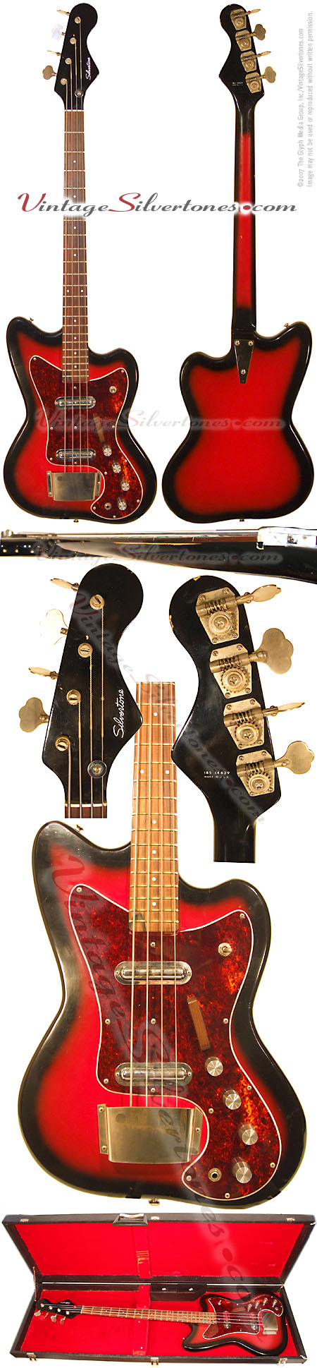 Silvertone 1443 electric bass guitar made by Danelectro of Neptune New Jersey, two pickup, solid body, black, masonite body, 2 lipstick pickups, circa 1967