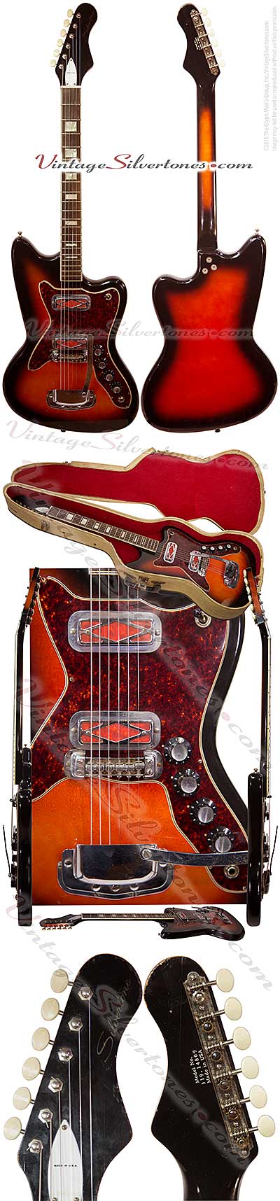Silvertone - Harmony-made solid body, 2 pickup electric guitar in sunburst with red prickups for Christmas 1967, made in Chicago IL USA