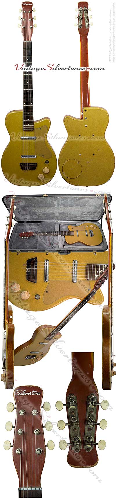 Silvertone 1359 made by Danelectro U2, two pickup, electric guitar, semi-hollow body, ginger tolex covered body with brown tolex binding, masonite body, lipstick pickup, made in 1956