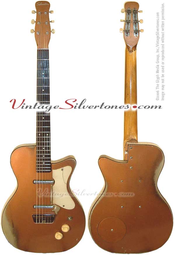 Silvertone made by Danelectro U2, two pickup, electric guitar, semi-hollow body, copper, masonite body, lipstick pickup, made in 1959, serial number 559