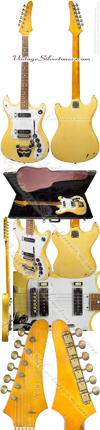 Wurlitzer-Cougar solid body, 2 pickup, stereo, yellow finish, double cutaway, electric guitar